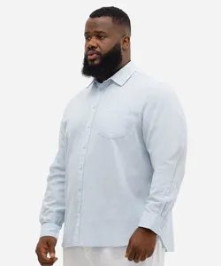 camisa com linho plus size comfort manga longa azul GG2