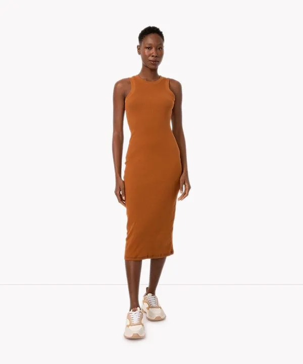 vestido básico midi decote halter neck marrom médio M