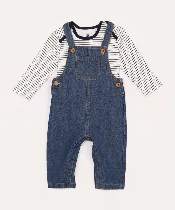 jardineira jeans infantil com camiseta azul marinho 12-18