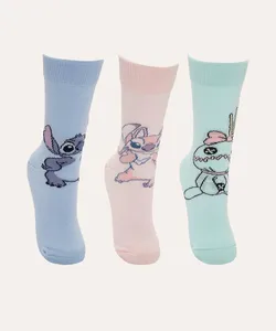 kit de 3 meias cano longo infantil angel e stitch colorida 30-33