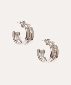 brinco meia argola com strass prata Único