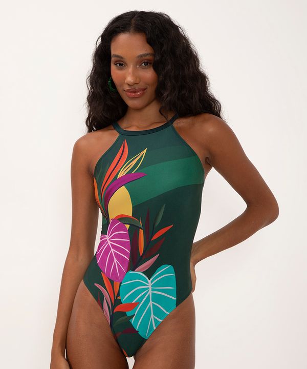 maiô halter neck estampado com bojo e proteção uv verde P