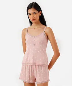 pijama short doll feminino em viscose com laços rosa P