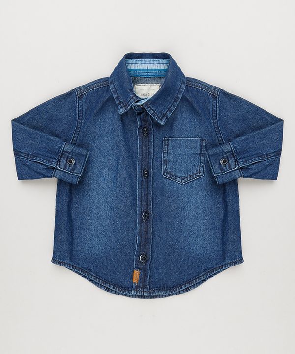 Camisa Jeans Infantil com Bolso Manga Longa Azul Escuro 2