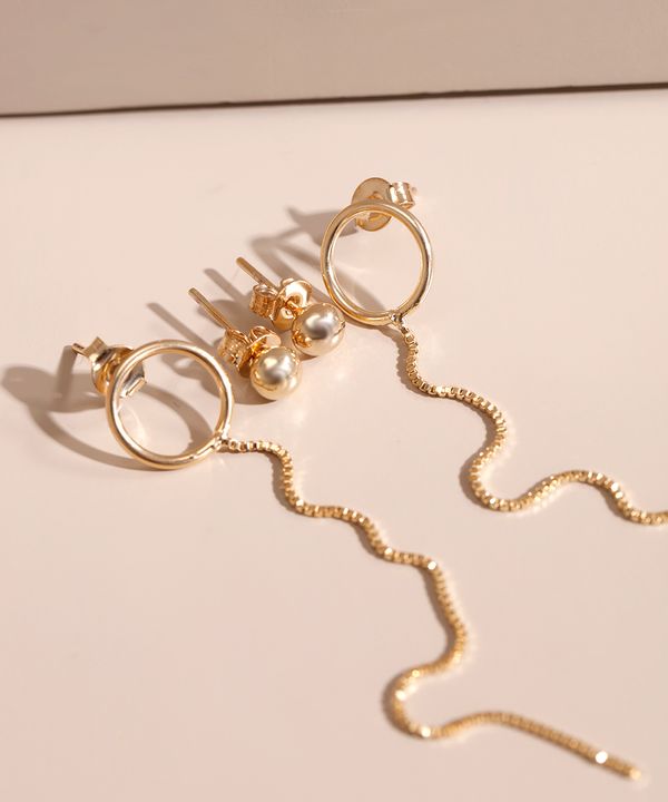 Kit de 2 Brincos Argola Alongada e Bolinha Folheado Dourado Único