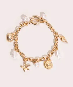 pulseira com pingentes marinhos e pérolas dourado Único