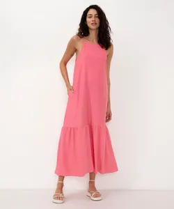 vestido longo de viscose decote halter neck rosa médio P