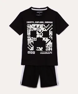 pijama de algodão infantil minecraft manga curta preto 10