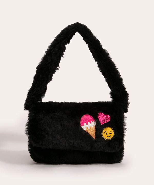 bolsa infantil de pelúcia com patches preta Único