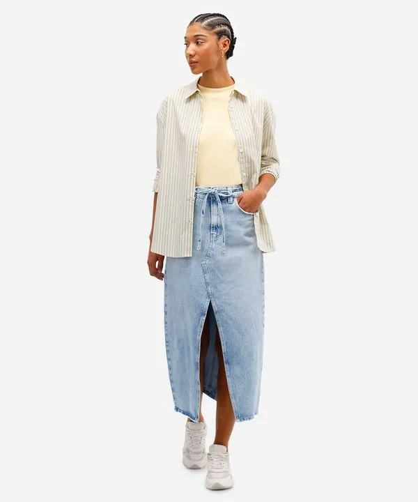 saia midi feminina jeans com fenda e cinto azul 38