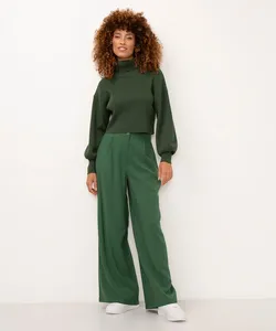 calça wide leg de viscose cintura alta com elástico - verde escuro 42