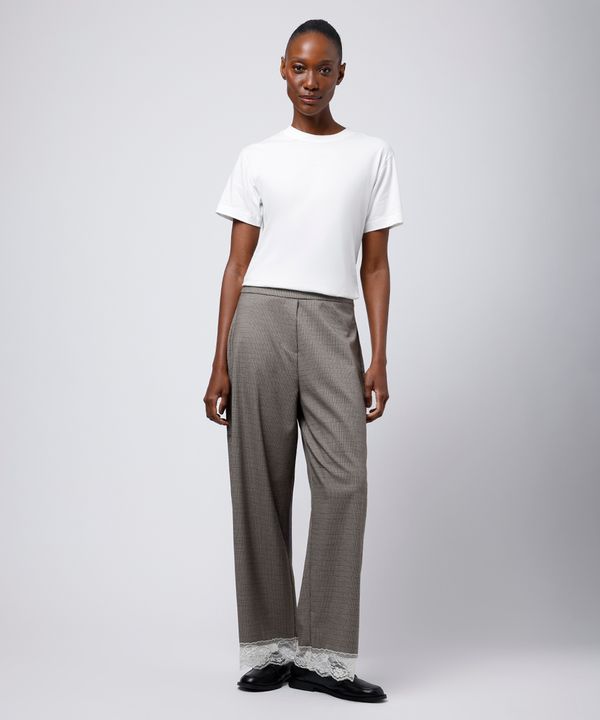 calça reta cropped feminina xadrez com renda mindset bege 44
