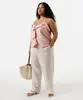 calça reta cropped feminina com linho cós elástico plus size bege 54