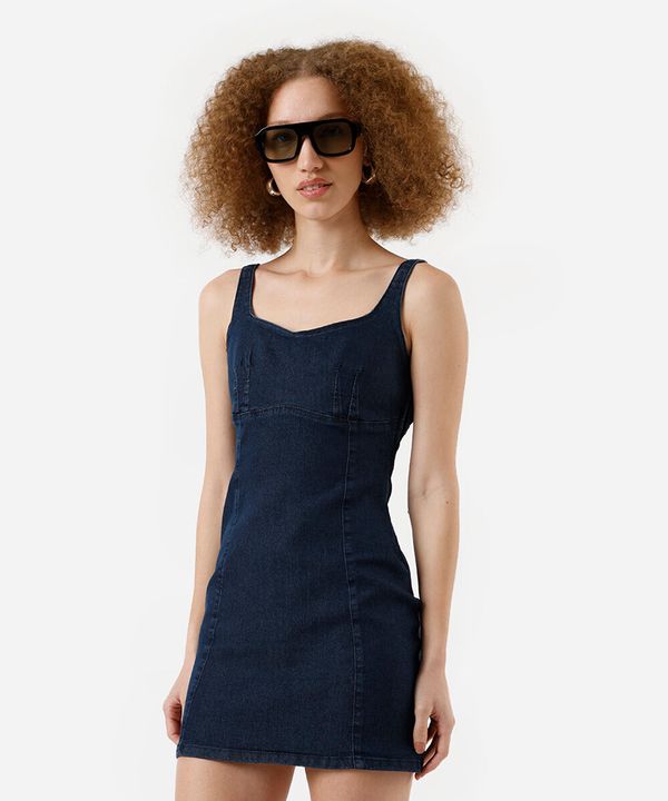 vestido curto feminino em jeans com alças finas azul GG