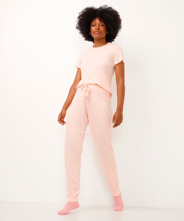 calça de pijama jogger canelada rosa GG