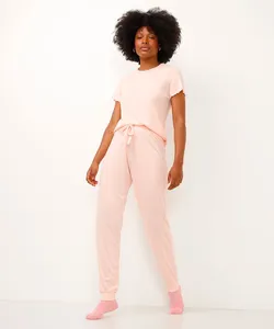 calça de pijama jogger canelada rosa PP