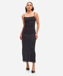 vestido longo feminino de tule franzido poá preto G