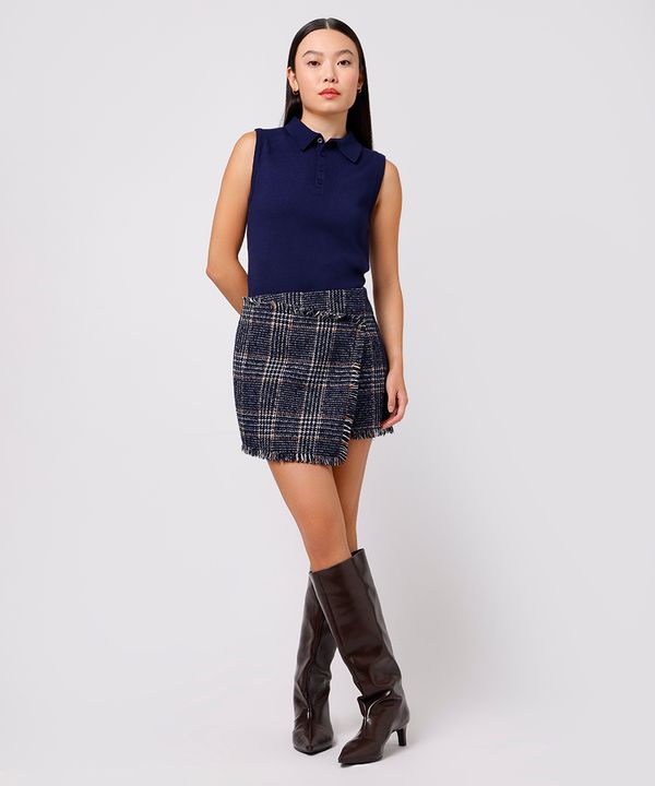 saia curta feminina de tweed com lã xadrez mindset azul 38