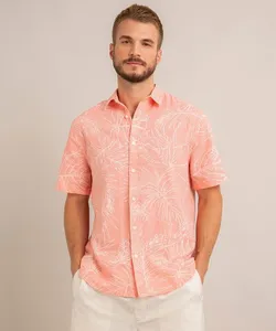 camisa tradicional de linho estampada folhagem manga curta rosa M