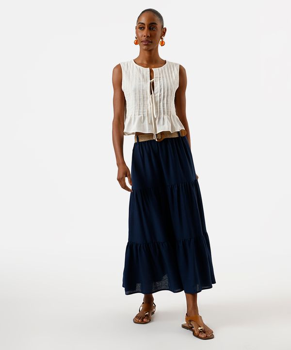 saia midi feminina com linho e cinto azul 38