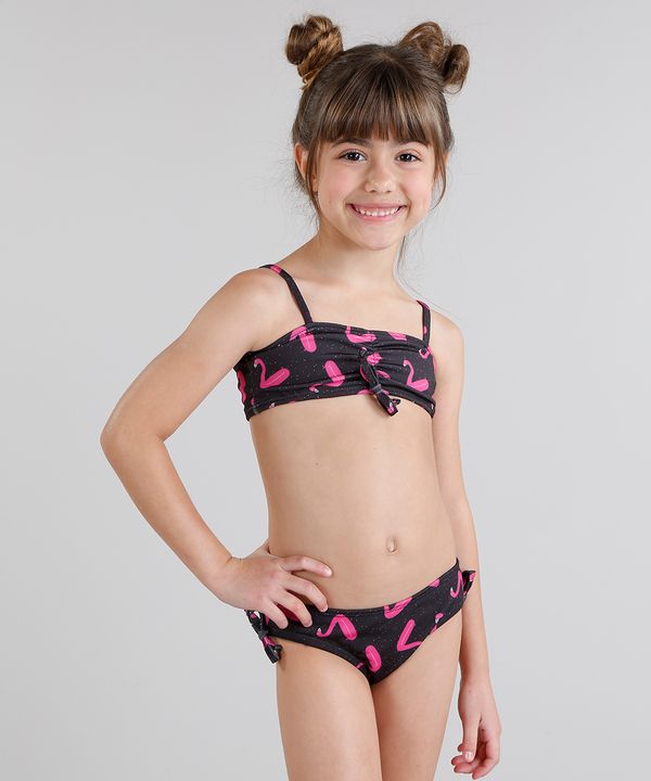 Biquíni Infantil Fábula Estampado de Flamingo com Laço Preto 8