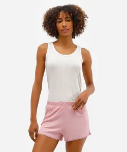 short de pijama canelado com renda rosa PP