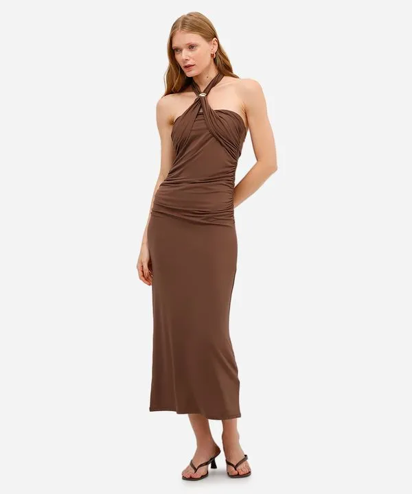 vestido midi feminino frente única franzido marrom P