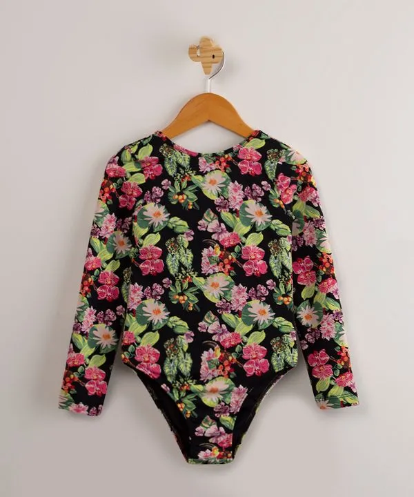 maiô infantil manga longa estampado floral com proteção uv50+ além dos mares alter do chão preto 10