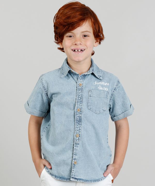 Camisa Jeans Infantil "Summer 4ever" Manga Curta Gola Esporte Azul Claro 4