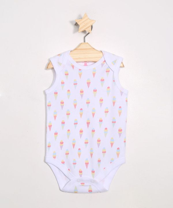 Body Infantil de Algodão Estampado de Sorvetes Sem Manga Branco 0-3