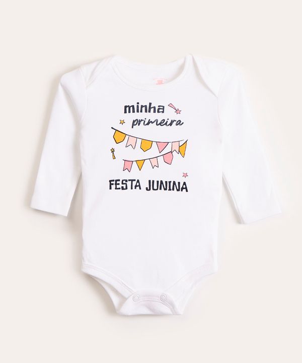Body Infantil "Festa Junina" Manga Longa Decote Redondo Branco 6-9