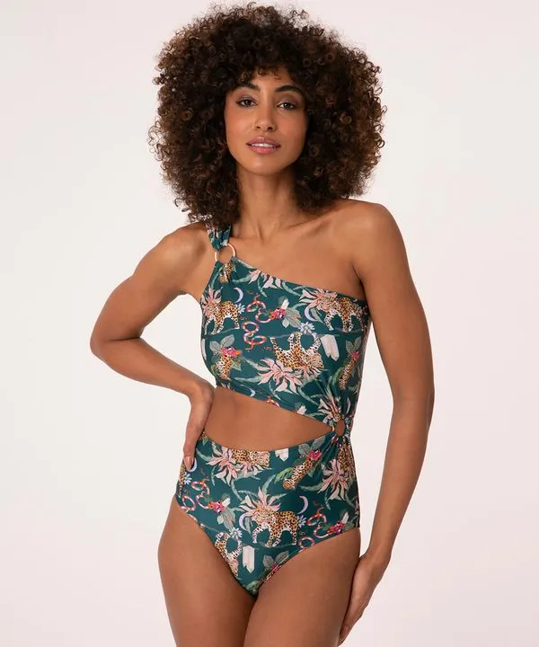 maiô ombro único cut out floresta com proteção uv50+ verde P