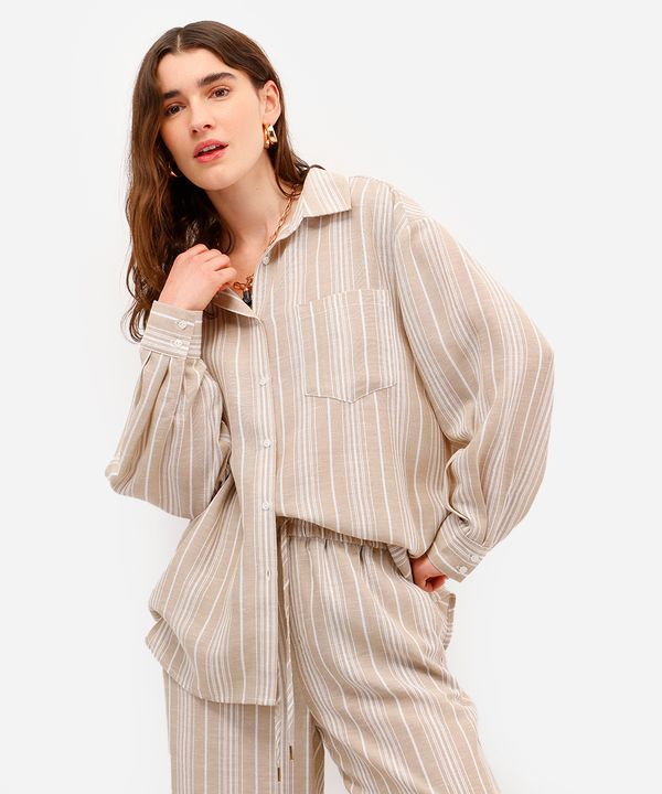 camisa feminina manga longa listrada bege M