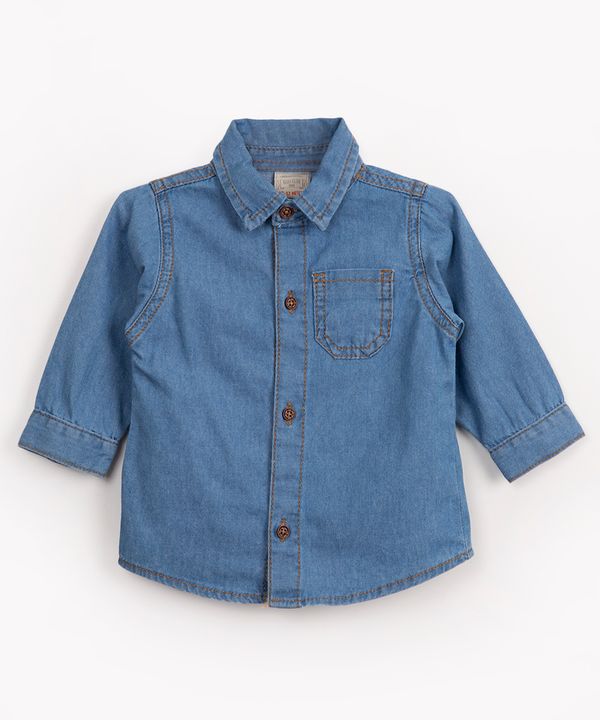 camisa infantil de algodão manga longa com bolso azul 0-3