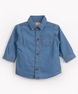 camisa infantil de algodão manga longa com bolso azul 9-12