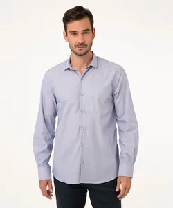 camisa comfort de tricoline listrado manga longa azul GG