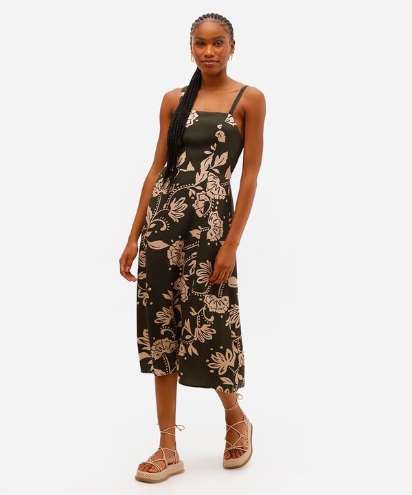 vestido midi feminino de viscose floral com fenda verde G