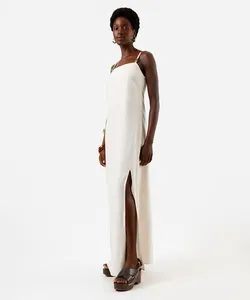 vestido longo alça fina feminino com linho e fenda bege P