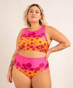 biquíni calcinha hot pant plus size estampada confete proteção uv50+ além dos mares salvador preta gil laranja GG4