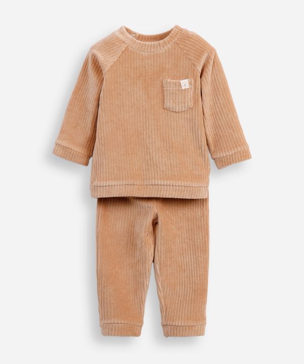 conjunto infantil longo de plush texturizado bege 12-18