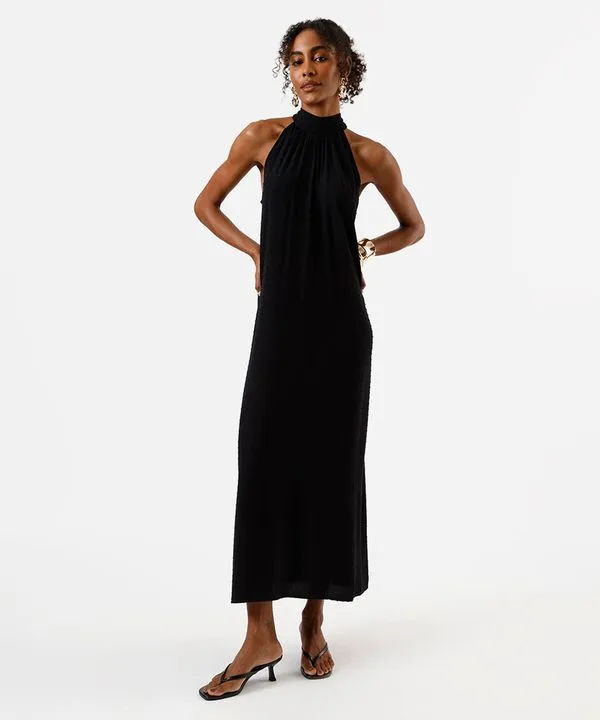 vestido midi feminino de viscose halterneck com amarração texturizado preto P