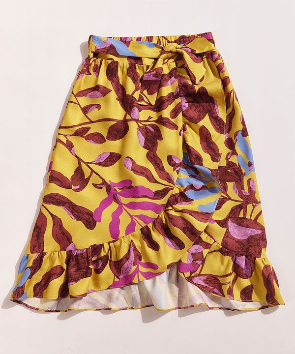 Saia Infantil Kids EMI Beachwear Tal Mãe Tal Filha Midi Estampada Folhagem Meninas com Babados Mostarda 12