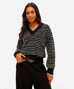 suéter feminino de tricot texturizado listrado preto P