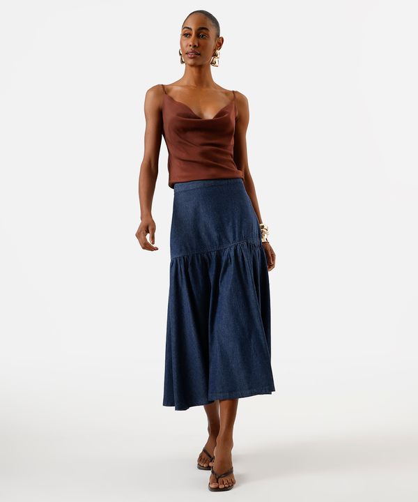 saia midi feminina jeans com recorte e franzido - jeans escuro 40