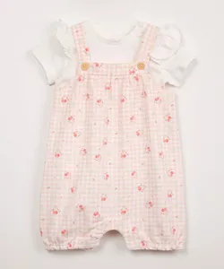 jardineira infantil xadrez floral + blusa manga curta rosa 9-12