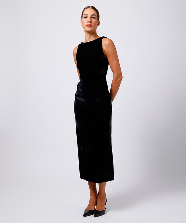 vestido midi feminino de veludo franzido mindset preto GG