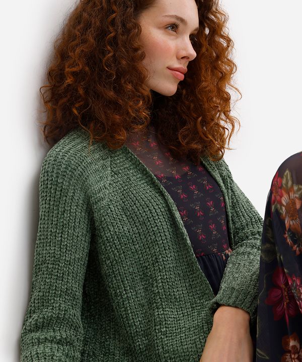 cardigan feminino de tricot chenille alongado - verde M