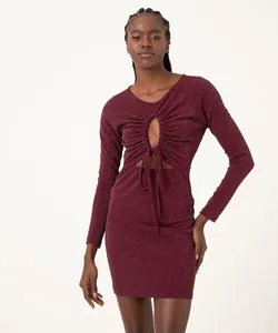 vestido tubinho em lurex cut out com amarração roxo escuro GG