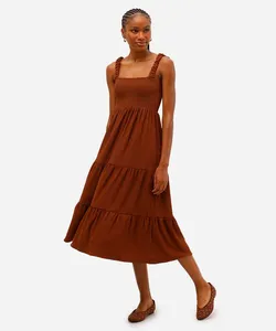 vestido midi feminino texturizado com recortes alças médias marrom G