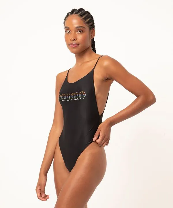 maiô decote redondo com strass cosmo proteção uv50 preto G
